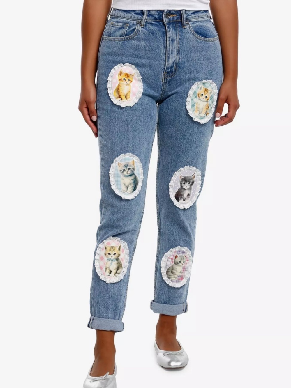 Hot Topic Blue Patchwork Cat-Applique Boyfriend Jeans